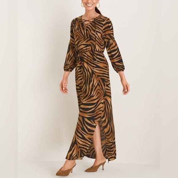 NWT. Chico’s Tiger Print Lace-up Long Sleeve Maxi Dress. US size 4. NWT. - Picture 2 of 11